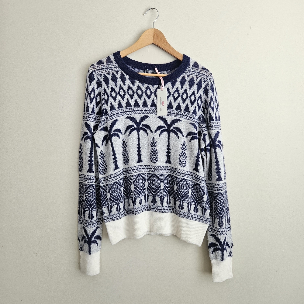 Vineyard Vines Navy and White Palm & Pineapple Crewneck Sweater